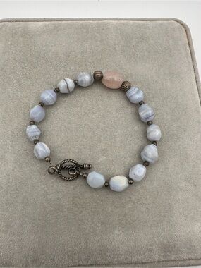 925 Sterling Silver Natural Stone Bracelet Blue Agate Pink Gemstone